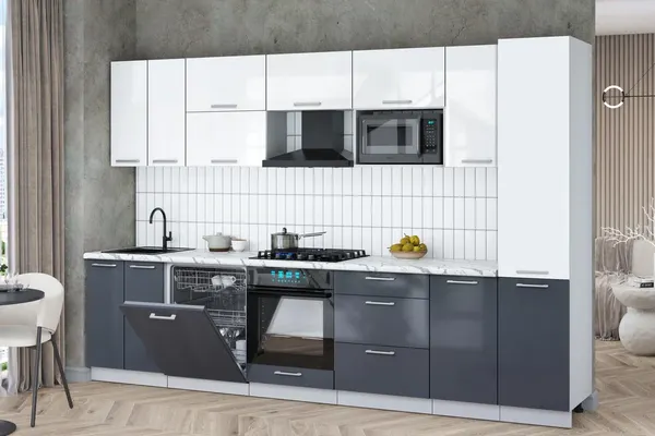 Изображение товара Кухонный гарнитур Interline Мила Gloss 3.2-ПМ2 (асфальт глянец/белый глянец/белый гранит)