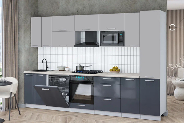 Изображение товара Кухонный гарнитур Интерлиния Мила Gloss 3.2-ПМ2 (асфальт глянец/грей/бискайская сосна)