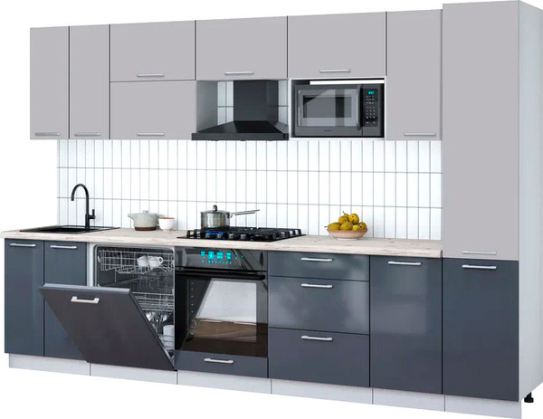 Изображение товара Кухонный гарнитур Интерлиния Мила Gloss 3.2-ПМ2 (асфальт глянец/грей/бискайская сосна)