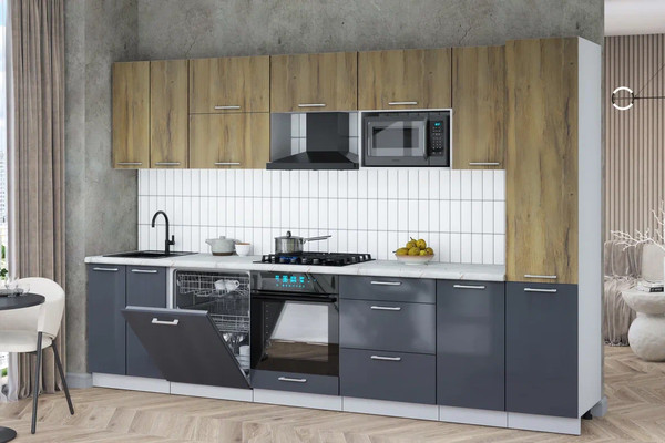 Изображение товара Кухонный гарнитур Интерлиния Мила Gloss 3.2-ПМ2 (асфальт глянец/дуб вотан/серый каспий)