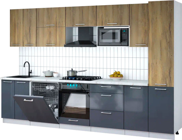 Изображение товара Кухонный гарнитур Интерлиния Мила Gloss 3.2-ПМ2 (асфальт глянец/дуб вотан/серый каспий)