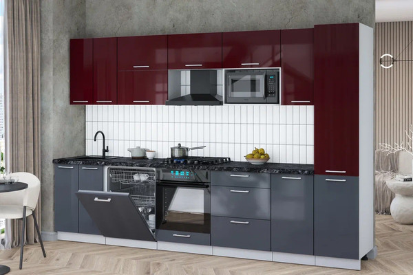 Изображение товара Кухонный гарнитур Интерлиния Мила Gloss 3.2-ПМ2 (асфальт глянец/бордовый глянец/кастилло темный)