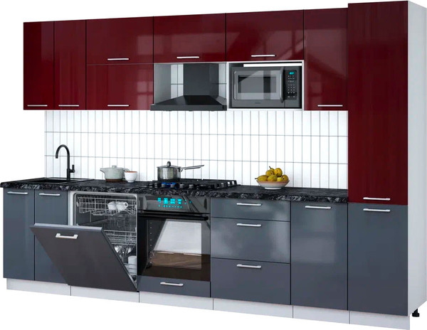 Изображение товара Кухонный гарнитур Интерлиния Мила Gloss 3.2-ПМ2 (асфальт глянец/бордовый глянец/кастилло темный)