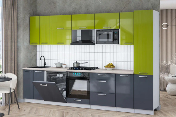 Изображение товара Кухонный гарнитур Интерлиния Мила Gloss 3.2-ПМ2 (асфальт глянец/яблоко глянец/травертин серый)