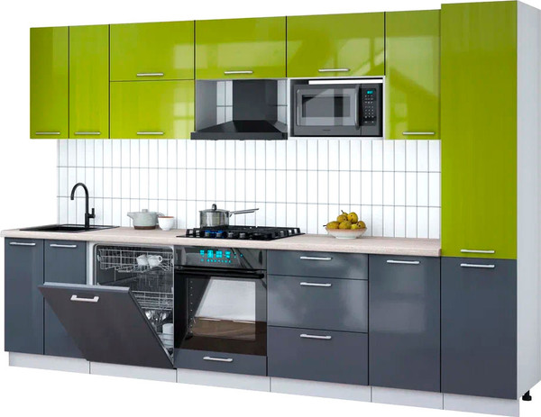 Изображение товара Кухонный гарнитур Интерлиния Мила Gloss 3.2-ПМ2 (асфальт глянец/яблоко глянец/травертин серый)