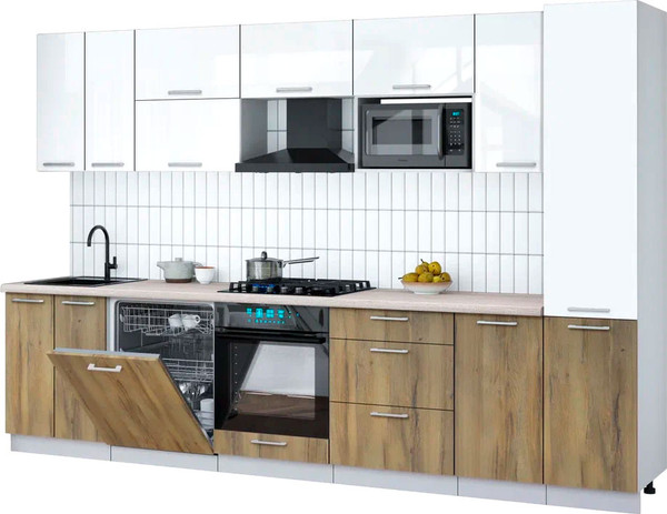 Изображение товара Кухонный гарнитур Интерлиния Мила Gloss 3.2-ПМ2 (дуб вотан/белый глянец/травертин серый)