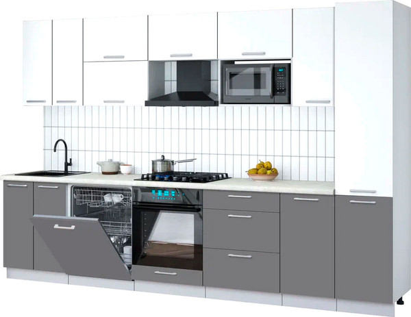 Изображение товара Кухонный гарнитур Интерлиния Мила Gloss 3.2-ПМ2 (серый/белый/опал светлый)