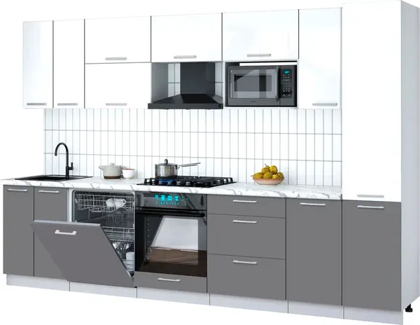 Изображение товара Кухонный гарнитур Interline Мила Gloss 3.2-ПМ2 (серый/белый глянец/белый гранит)