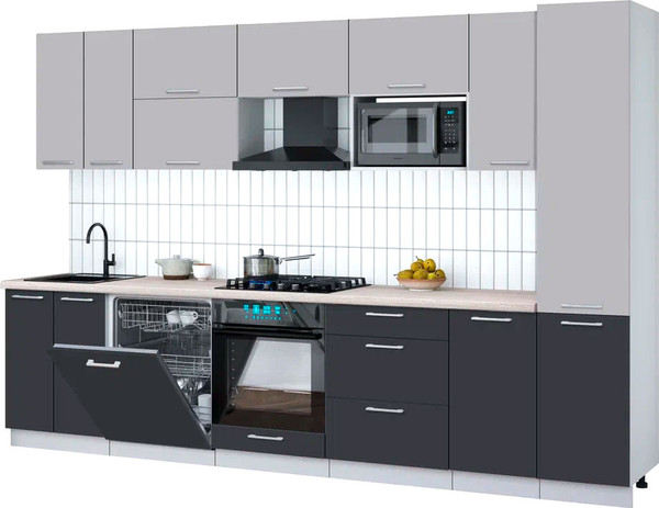Изображение товара Кухонный гарнитур Interline Мила Gloss 3.2-ПМ2 (пепел/грей/травертин серый)