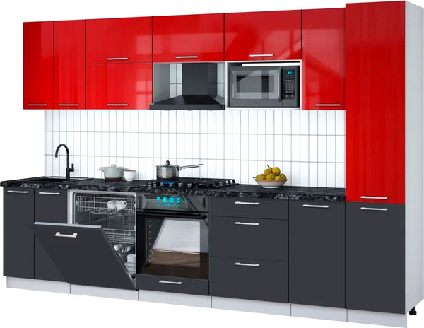 Изображение товара Кухонный гарнитур Интерлиния Мила Gloss 3.2-ПМ2 (пепел/красный глянец/кастилло темный)