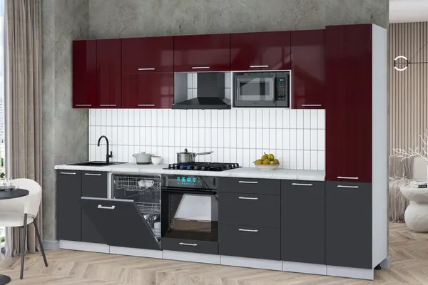 Изображение товара Кухонный гарнитур Interline Мила Gloss 3.2-ПМ2 (пепел/бордовый глянец/серый каспий)