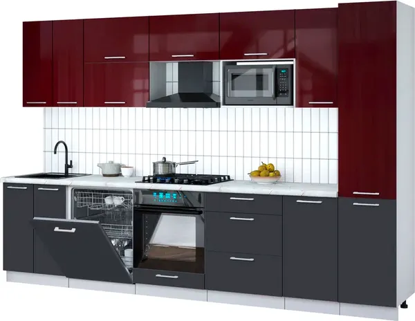 Изображение товара Кухонный гарнитур Interline Мила Gloss 3.2-ПМ2 (пепел/бордовый глянец/серый каспий)