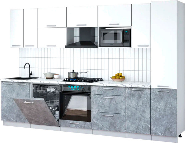 Изображение товара Кухонный гарнитур Интерлиния Мила Gloss 3.2-ПМ2 (керамика/белый/белый гранит)