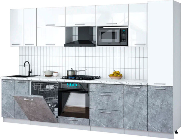 Изображение товара Кухонный гарнитур Интерлиния Мила Gloss 3.2-ПМ2 (керамика/белый глянец/белый гранит)