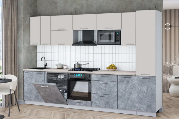 Изображение товара Кухонный гарнитур Интерлиния Мила Gloss 3.2-ПМ2 (керамика/кашемир/травертин серый)