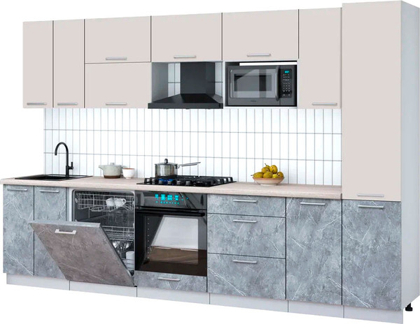 Изображение товара Кухонный гарнитур Интерлиния Мила Gloss 3.2-ПМ2 (керамика/кашемир/травертин серый)