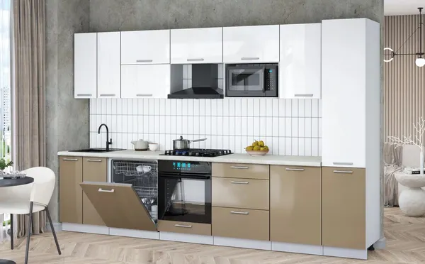 Изображение товара Кухонный гарнитур Interline Мила Gloss 3.3-ПМ2 (капучино глянец/белый глянец/опал светлый)