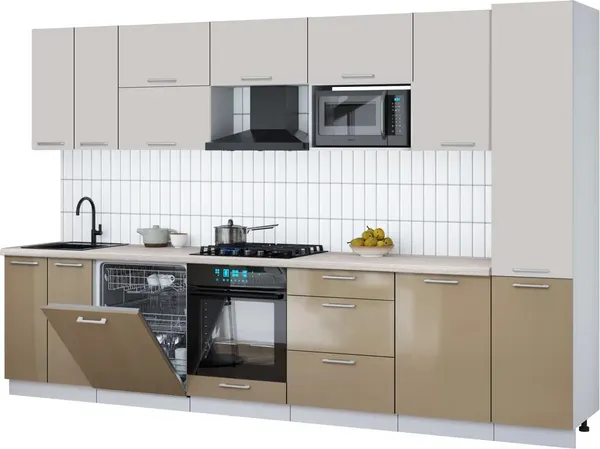 Изображение товара Кухонный гарнитур Interline Мила Gloss 3.3-ПМ2 (капучино глянец/кашемир/травертин серый)