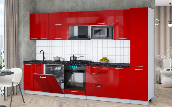 Изображение товара Кухонный гарнитур Интерлиния Мила Gloss 3.3-ПМ2 (красный глянец/красный глянец/кастилло темный)