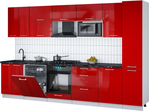 Изображение товара Кухонный гарнитур Интерлиния Мила Gloss 3.3-ПМ2 (красный глянец/красный глянец/кастилло темный)