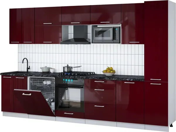 Изображение товара Кухонный гарнитур Interline Мила Gloss 3.3-ПМ2 (бордовый глянец/бордовый глянец/кастилло темный)