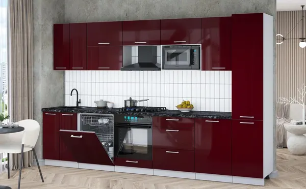 Изображение товара Кухонный гарнитур Interline Мила Gloss 3.3-ПМ2 (бордовый глянец/бордовый глянец/кастилло темный)