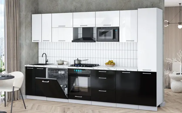 Изображение товара Кухонный гарнитур Interline Мила Gloss 3.3-ПМ2 (черный глянец/белый глянец/белый гранит)