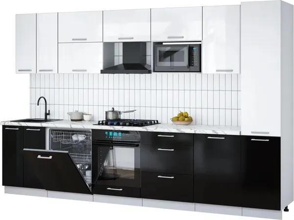 Изображение товара Кухонный гарнитур Interline Мила Gloss 3.3-ПМ2 (черный глянец/белый глянец/белый гранит)