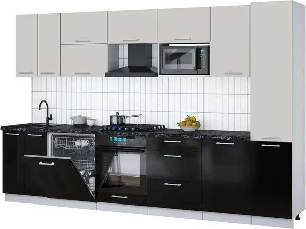 Изображение товара Кухонный гарнитур Interline Мила Gloss 3.3-ПМ2 (черный глянец/кашемир/кастилло темный)