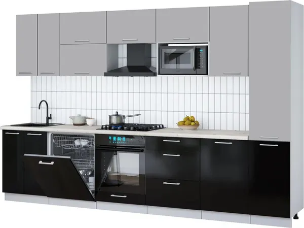 Изображение товара Кухонный гарнитур Interline Мила Gloss 3.3-ПМ2 (черный глянец/грей/бискайская сосна)
