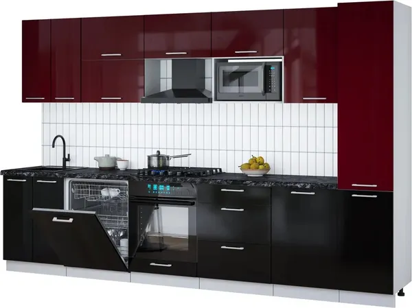 Изображение товара Кухонный гарнитур Interline Мила Gloss 3.3-ПМ2 (черный глянец/бордовый глянец/кастилло темный)