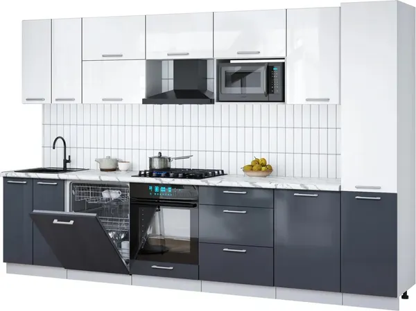 Изображение товара Кухонный гарнитур Interline Мила Gloss 3.3-ПМ2 (асфальт глянец/белый глянец/белый гранит)
