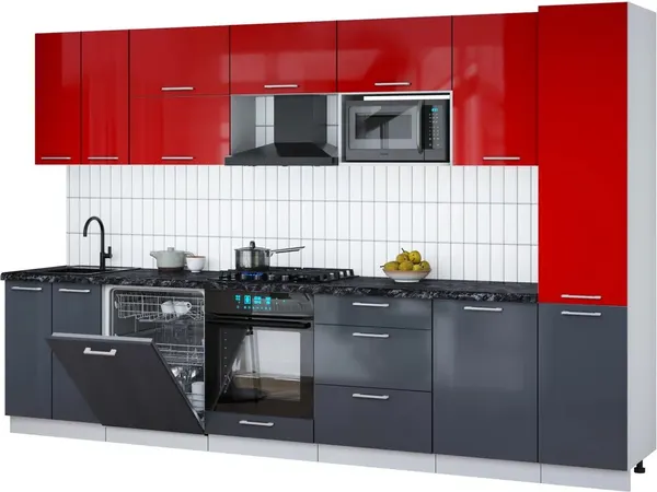 Изображение товара Кухонный гарнитур Interline Мила Gloss 3.3-ПМ2 (асфальт глянец/красный глянец/кастилло темный)