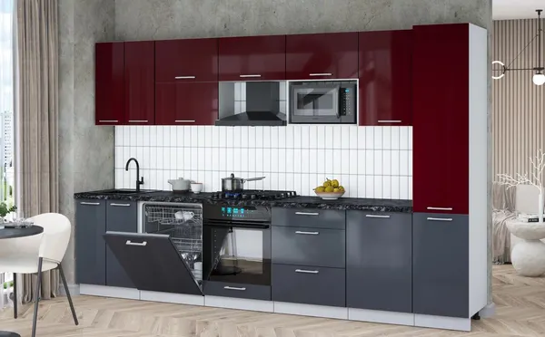 Изображение товара Кухонный гарнитур Interline Мила Gloss 3.3-ПМ2 (асфальт глянец/бордовый глянец/кастилло темный)
