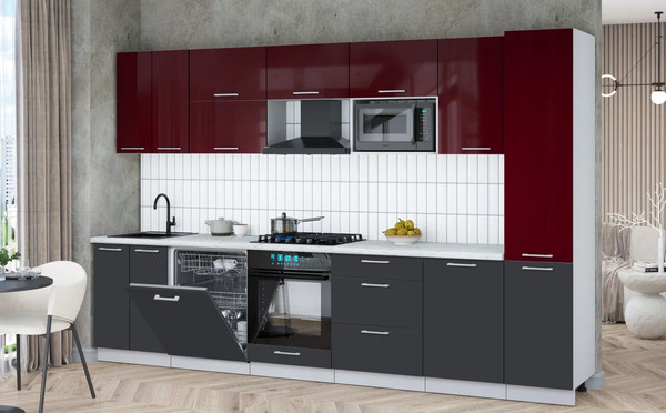 Изображение товара Кухонный гарнитур Interline Мила Gloss 3.3-ПМ2 (пепел/бордовый глянец/серый каспий)