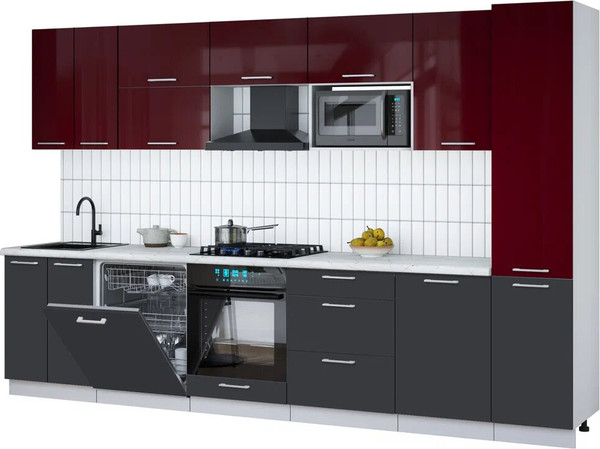 Изображение товара Кухонный гарнитур Interline Мила Gloss 3.3-ПМ2 (пепел/бордовый глянец/серый каспий)