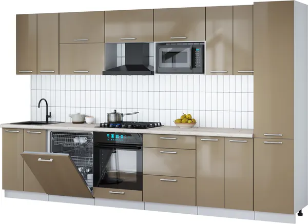 Изображение товара Кухонный гарнитур Interline Мила Gloss 3.4-ПМ2 (капучино глянец/капучино глянец/бискайская сосна)