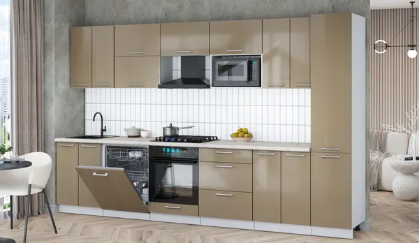 Изображение товара Кухонный гарнитур Interline Мила Gloss 3.4-ПМ2 (капучино глянец/капучино глянец/бискайская сосна)