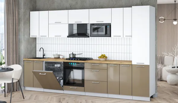 Изображение товара Кухонный гарнитур Interline Мила Gloss 3.4-ПМ2 (капучино глянец/белый/дуб бунратти)