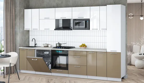 Изображение товара Кухонный гарнитур Interline Мила Gloss 3.4-ПМ2 (капучино глянец/белый глянец/опал светлый)