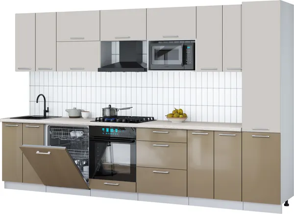 Изображение товара Кухонный гарнитур Interline Мила Gloss 3.4-ПМ2 (капучино глянец/кашемир/травертин серый)