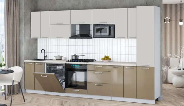 Изображение товара Кухонный гарнитур Interline Мила Gloss 3.4-ПМ2 (капучино глянец/кашемир/травертин серый)