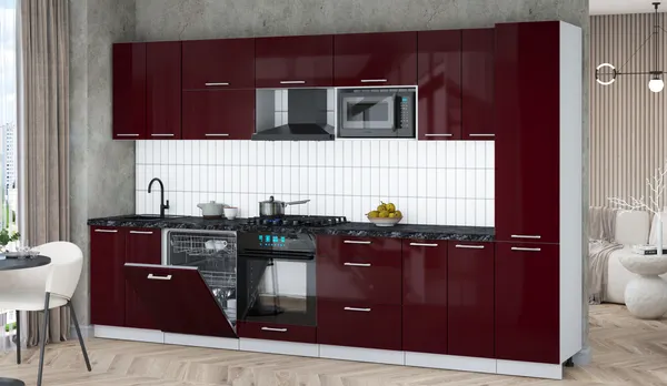 Изображение товара Кухонный гарнитур Interline Мила Gloss 3.4-ПМ2 (бордовый глянец/бордовый глянец/кастилло темный)