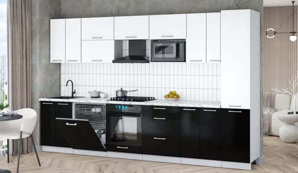 Изображение товара Кухонный гарнитур Interline Мила Gloss 3.4-ПМ2 (черный глянец/белый/белый гранит)
