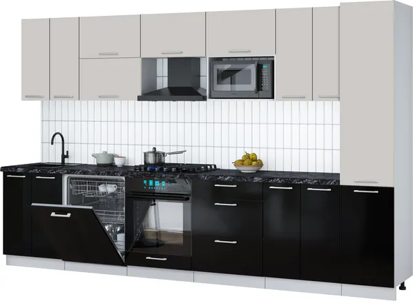 Изображение товара Кухонный гарнитур Interline Мила Gloss 3.4-ПМ2 (черный глянец/кашемир/кастилло темный)