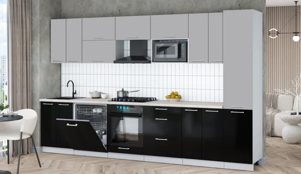 Изображение товара Кухонный гарнитур Interline Мила Gloss 3.4-ПМ2 (черный глянец/грей/бискайская сосна)