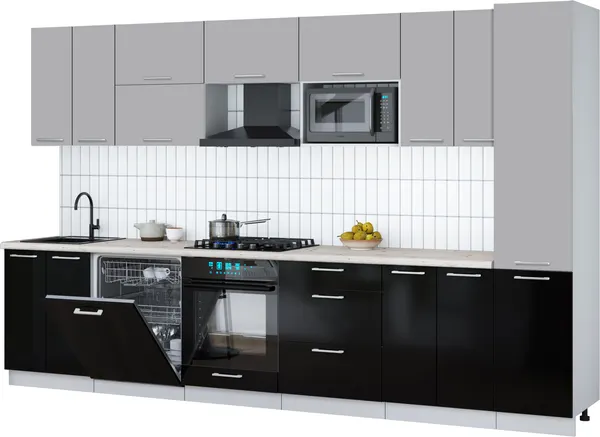 Изображение товара Кухонный гарнитур Interline Мила Gloss 3.4-ПМ2 (черный глянец/грей/бискайская сосна)