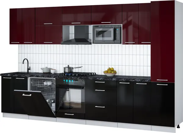 Изображение товара Кухонный гарнитур Interline Мила Gloss 3.4-ПМ2 (черный глянец/бордовый глянец/кастилло темный)