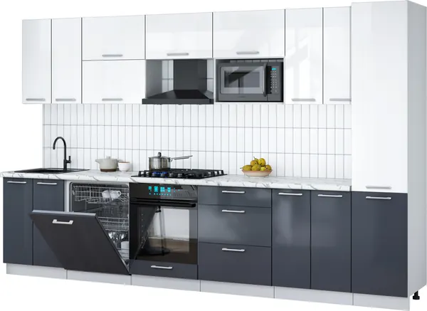 Изображение товара Кухонный гарнитур Interline Мила Gloss 3.4-ПМ2 (асфальт глянец/белый глянец/белый гранит)