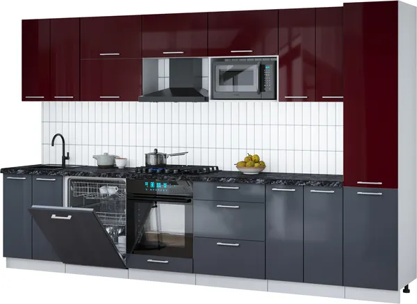 Изображение товара Кухонный гарнитур Interline Мила Gloss 3.4-ПМ2 (асфальт глянец/бордовый глянец/кастилло темный)